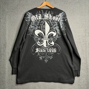 Vtg Y2K Old Skool Waffle Knit Long Sleeve Shirt Skull Wing Graphic Mens XL Cyber